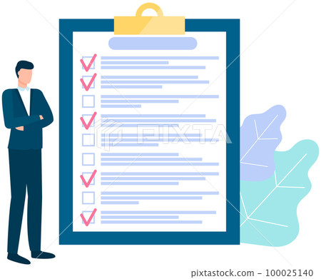 Month scheduling, to do list, time management. Businessman stands near checklist and planning 100025140