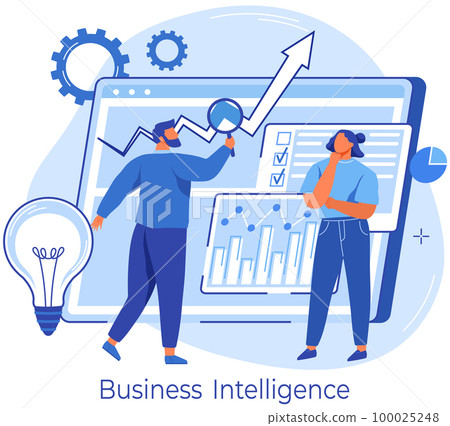 Man with loupe looking for information in text document. Symbol of startup launch Man with loupe looking for information in text document. Symbol of startup launch 100025248