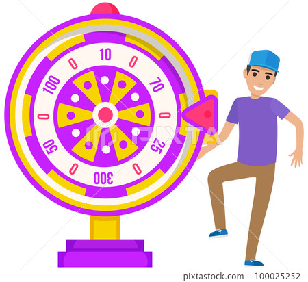 Guy spinning wheel of fortune to win prize. Young man dancing and celebrating victory, jackpot Guy spinning wheel of fortune to win prize. Young man dancing and celebrating victory, jackpot 100025252
