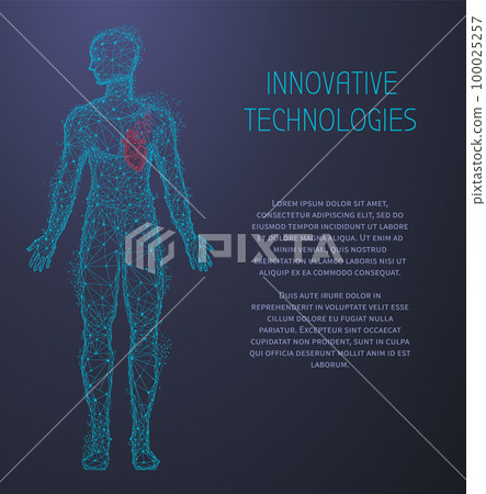 Medical research of human cardiovascular system organ. Polygonal human body with highlighted heart Medical research of human cardiovascular system organ. Polygonal human body with highlighted heart 100025257