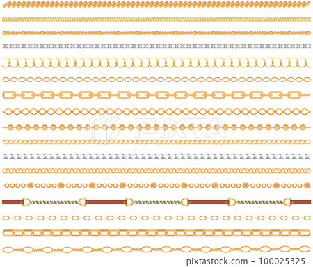 Metal chainlets with variety chain links. Gold, silver, stainless steel necklaces vector isolated Metal chainlets with variety chain links. Gold, silver, stainless steel necklaces vector isolated 100025325