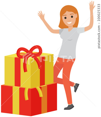 Happy woman dancing near stack of birthday gifts in wrapped boxes. Girl standing with presents Happy woman dancing near stack of birthday gifts in wrapped boxes. Girl standing with presents 100025333