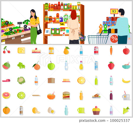 People make purchases, choose goods, buy products in shop near healthy food, drinks icons People make purchases, choose goods, buy products in shop near healthy food, drinks icons 100025337