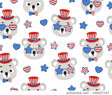 Cute little koala head in USA patriotic hat seamless childish pattern. Funny cartoon animal character for fabric, wrapping, textile, wallpaper, apparel. Vector illustration Cute little koala head in USA patriotic hat seamless childish pattern. Funny cartoon animal character for fabric, wrapping, textile, wallpaper, apparel. Vector illustration 100025347