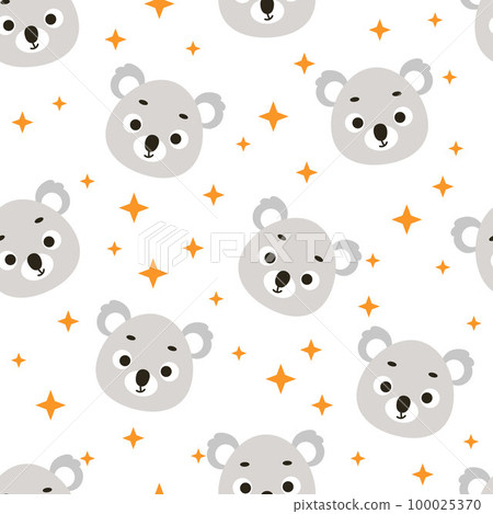 Cute little koala head seamless childish pattern. Funny cartoon animal character for fabric, wrapping, textile, wallpaper, apparel. Vector illustration Cute little koala head seamless childish pattern. Funny cartoon animal character for fabric, wrapping, textile, wallpaper, apparel. Vector illustration 100025370