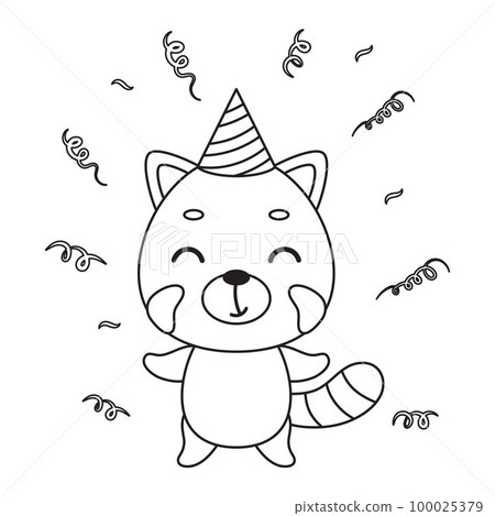 Coloring page cute little red panda in birthday hat. Coloring book for kids. Educational activity for preschool years kids and toddlers with cute animal. Vector stock illustration 100025379