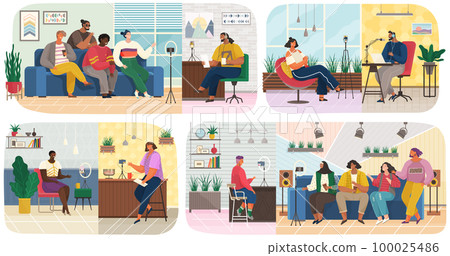 People communicate during podcast. Live communication at interview. Recording audio podcast 100025486