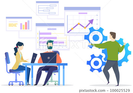 Employees analyze statistical indicators, business data. Characters work with marketing research 100025529