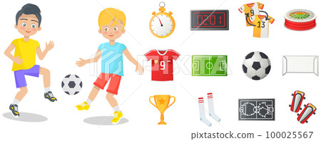 Boy soccer football player. Kids future dream professional sportive career with football attributes Boy soccer football player. Kids future dream professional sportive career with football attributes 100025567