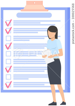 Woman stands near to do list and planning schedule. Plan fulfilled, task completed, timetable sheet Woman stands near to do list and planning schedule. Plan fulfilled, task completed, timetable sheet 100025568