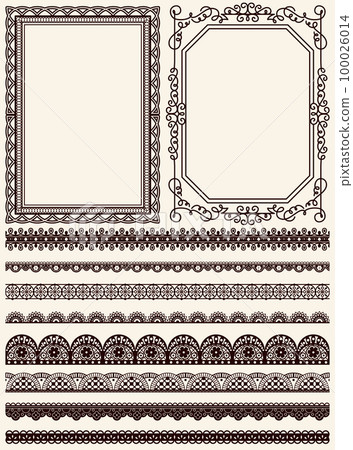 Set of wide lace ribbons and frames ornament in retro style. Pattern for creating style, vintage decor design 100026014