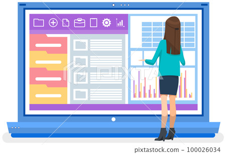 Woman analysing report with statistical indicators. Lady examines results of investment analysis 100026034