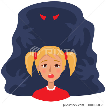 Upset girl scared of spooky nightmare. Child afraid of ghost. Crying lady next to monster 100026035