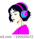 The girl listens to music with headphones. Closed eyes. Music therapy. Profile of a girl with black hair. Vector flat illustration 100026072