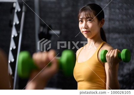 年輕女子用啞鈴訓練 100026105