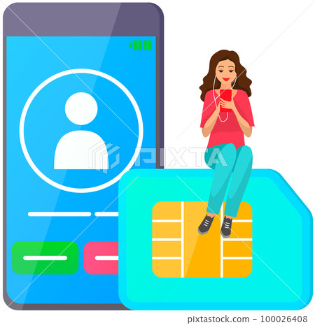 Lady with headphones sitting on SIM card uses smartphone to call, communicate with contacts 100026408