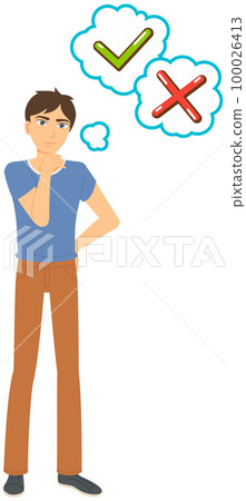 Thinking man with sign of acceptance and denial. Cartoon vector person wondering and doubting 100026413