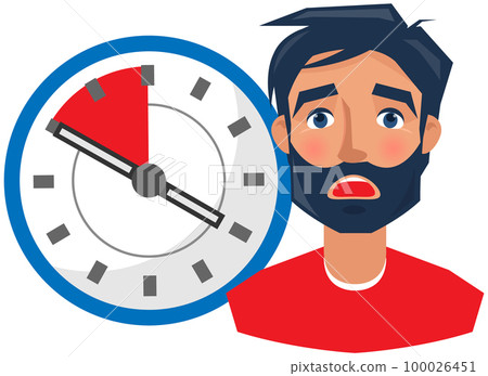 Upset man portrait near clock. Scared person before deadline. Shocked face expression of man 100026451