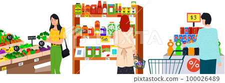 People make purchases, choose goods, buy products in supermarket, grocery store, shop with food 100026489
