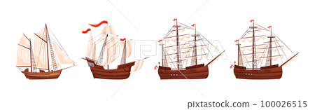 Old Wooden Ships with Sails and Fluttering Flags Vector Set Old Wooden Ships with Sails and Fluttering Flags Vector Set 100026515