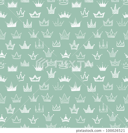Seamless backrgound with doodle crowns on mint background. Can be used for wallpaper, pattern fills, textile, web page background, surface textures. Seamless backrgound with doodle crowns on mint background. Can be used for wallpaper, pattern fills, textile, web page background, surface textures. 100026521