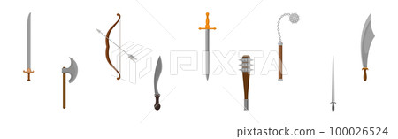 Ancient Weapon with Sword, Ball-and-chain Flail, Saber, and Bow with Arrow Vector Set Ancient Weapon with Sword, Ball-and-chain Flail, Saber, and Bow with Arrow Vector Set 100026524