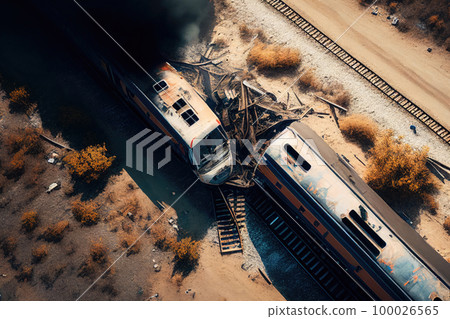 Passenger train crash accident, aerial view. Broken wagons and damaged locomotive on the railway. Created with Generative AI 100026565