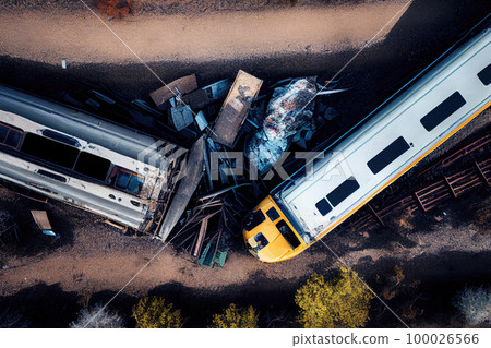 Passenger train crash accident, aerial view. Broken wagons and damaged locomotive on the railway. Created with Generative AI 100026566