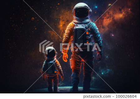 Astronauts in space suits on unknown planet surface. Father and son astronauts exploring space. Created with generative ai 100026604
