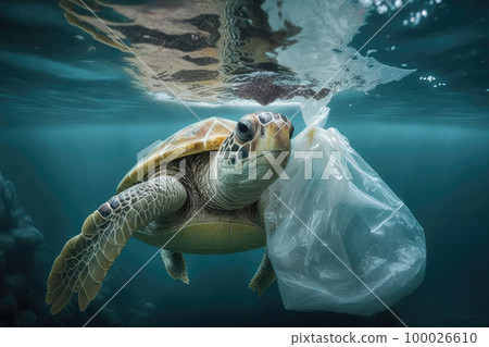 Ocean pollution concept. Turtle under water in sea and plastic waste. Problem in environmental system. Created with Generative AI 100026610