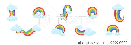 Bright Arched Rainbow with Soft Fluffy Clouds Vector Set 100026651