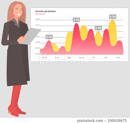 Woman analyses digital report with statistics. Statistical indicators and data on diagram Woman analyses digital report with statistics. Statistical indicators and data on diagram 100026675