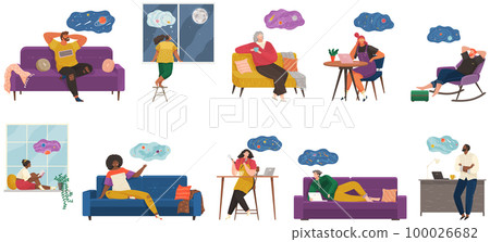 People thinking or making decision set, young man and woman dreaming of something, fantasize 100026682