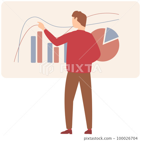 Man standing near flipchart with diagram. Businessman conducts presentation of statistical research Man standing near flipchart with diagram. Businessman conducts presentation of statistical research 100026704