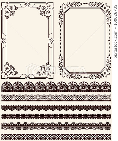 Set of wide lace ribbons and frames ornament in retro style. Pattern for creating style, vintage decor design Set of wide lace ribbons and frames ornament in retro style. Pattern for creating style, vintage decor design 100026735