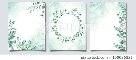 Set of floral background cards. Rustic foliage invitation templates with eucalyptus and pistachio branches, green watercolor splashes. For save the date, greeting, poster, and packaging design. 100026821