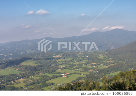 Mountain village, on background on horizon mountain Lysa Hora, Beskid Mountains Mountain village, on background on horizon mountain Lysa Hora, Beskid Mountains 100026893