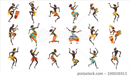 Set of dancing African people. Men and women in traditional African clothes enjoying dance cartoon vector Illustration Set of dancing African people. Men and women in traditional African clothes enjoying dance cartoon vector Illustration 100026913