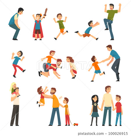Loving Father Playing and Having Fun with His Kids Enjoying Good Time Together Big Vector Set 100026915
