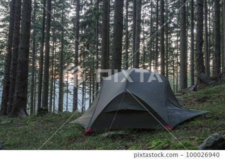 Lightweight freestanding three-season 2-person tent, inner tent body with rainfly, on forest in the evening in spruce forest in Beskid Mountains Lightweight freestanding three-season 2-person tent, inner tent body with rainfly, on forest in the evening in spruce forest in Beskid Mountains 100026940