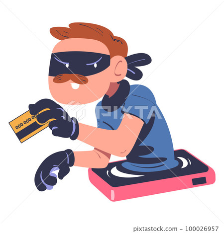 Masked cyber thief hacking smartphone and stealing credit card. Cyber security and crime, spy access, hacker attack cartoon vector illustration 100026957