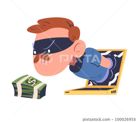 Masked cyber thief hacking computer and stealing money. Cyber security and crime, spy access, hacker attack cartoon vector illustration 100026958