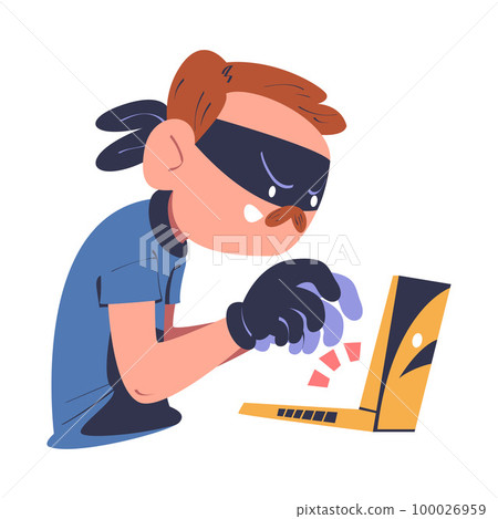 Masked cyber thief, hacker stealing data from laptop computer. Cyber security and crime, spy access, hacker attack cartoon vector illustration Masked cyber thief, hacker stealing data from laptop computer. Cyber security and crime, spy access, hacker attack cartoon vector illustration 100026959