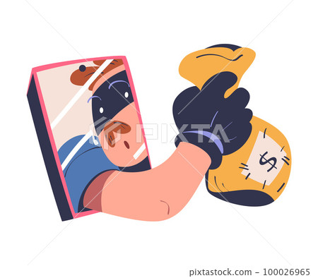 Masked cyber thief, hacker stealing money from smartphone. Cyber security and crime, spy access, hacker attack cartoon vector illustration Masked cyber thief, hacker stealing money from smartphone. Cyber security and crime, spy access, hacker attack cartoon vector illustration 100026965