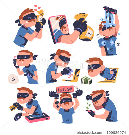 Masked cyber thief, hacker stealing personal data and money from smartphone and computer set. Cyber security and crime, data protection concept cartoon vector illustration 100026974