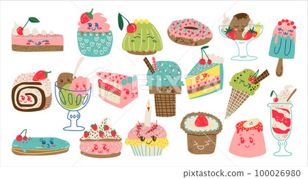 Set of delicious sweets and desserts. Ice cream , donut, cupcake and cake cartoon vector Illustration Set of delicious sweets and desserts. Ice cream , donut, cupcake and cake cartoon vector Illustration 100026980