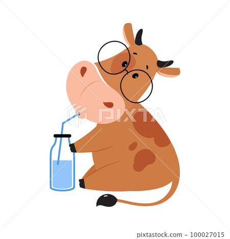 Cute happy brown cow in glasses drinking milk. Lovely farm animal character holding glass bottle with straw cartoon vector illustration 100027015