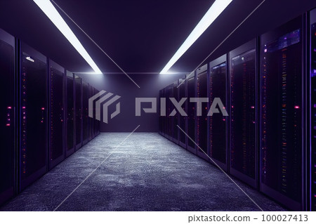 Dark Server racks in computer network security server room data center. Generative AI. 100027413