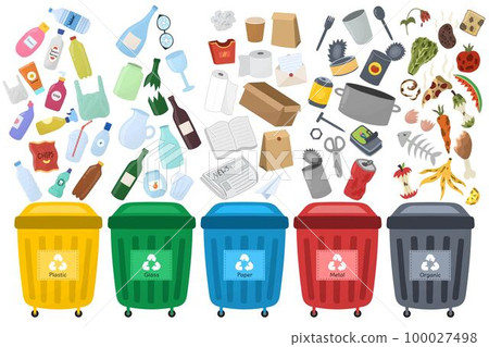 Trash sorting set with recycling bins. Waste sorting collection with containers in different colors 100027498