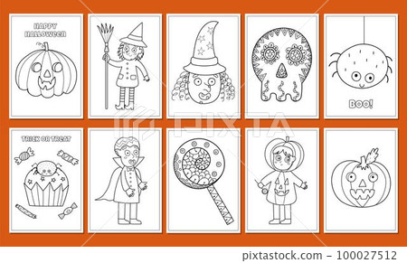 Cute Halloween coloring pages bundle. Cute spooky characters prints set 100027512